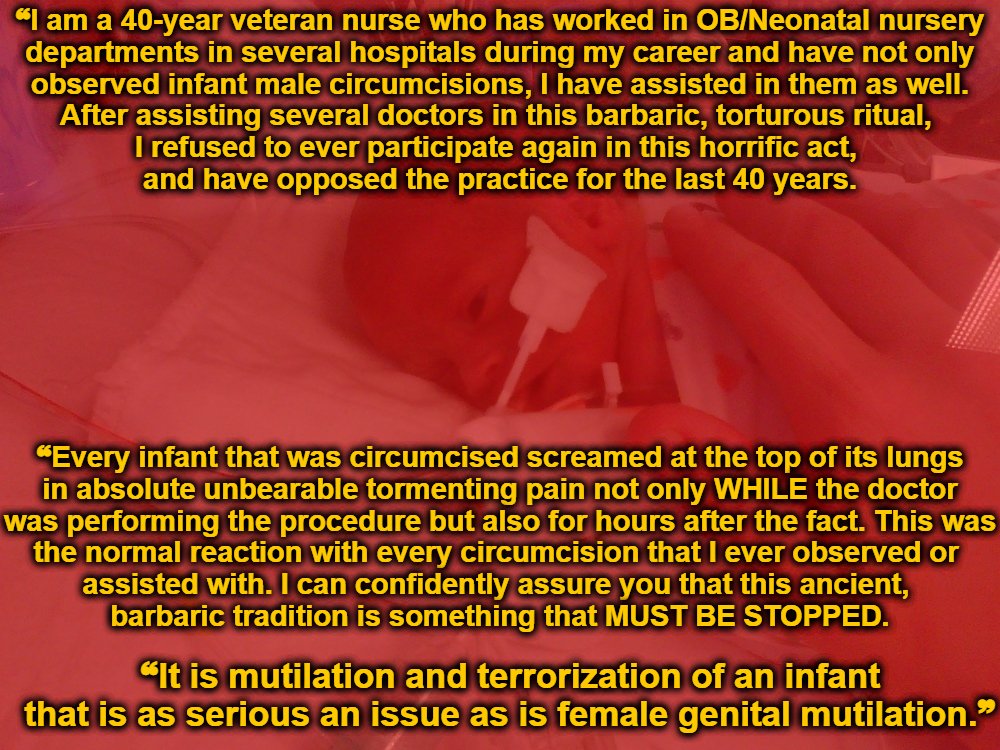 BloodstainedMen's tweet image. Circumcision is excruciatingly painful. It involves multiple tissue-damaging steps: tearing, crushing, &amp;amp; slicing of a highly sensitive part of the body – often without adequate anesthesia – while the baby is restrained on a board. Babies have continuing pain during the healing.