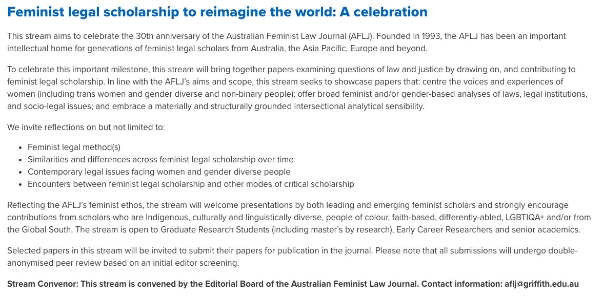 This year is our 30 year anniversary! 🎉 To celebrate, we are convening a stream at the Law, Literature and Humanities Conference in Brisbane on 11-14 December: 'Feminist legal scholarship to reimagine the world: A celebration'. Submit your abstract here: research.qut.edu.au/htlc/deus-ex-m…