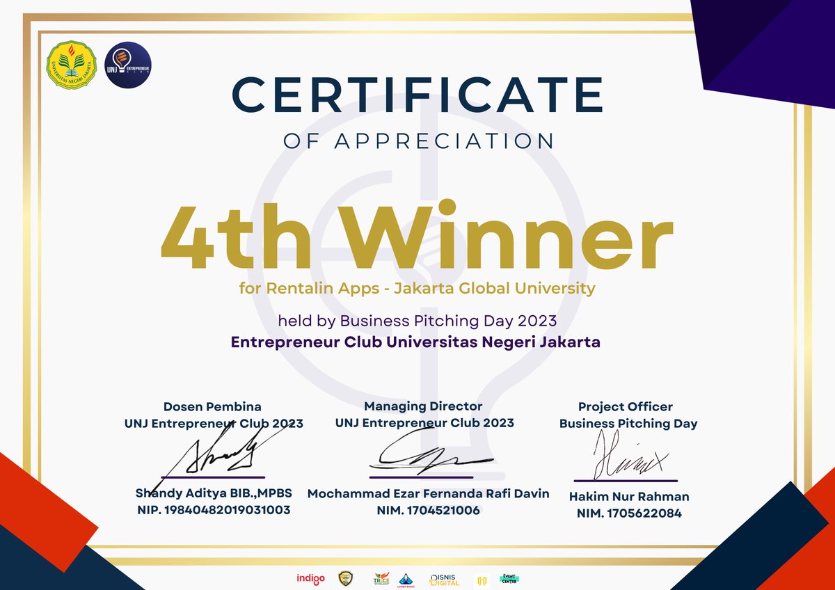 JGU_University's tweet photo. Students of Jakarta Global University achieved 4th winner place in the Business Pitching Day out of 77 competing teams organized by the Entrepreneur Club of Universitas Negeri Jakarta. 

#JG_University #AyoKeJGU #JaGUans #KampusMerdeka #PrestasiJGU  #UNJBusinessPitchingDay2023 https://t.co/BDJnwfCuu4
