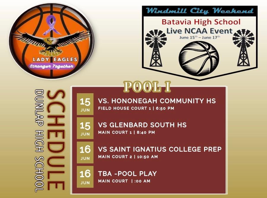 DHS Girls Basketball (@dunlapgbball) on Twitter photo We are excited to play against great competition in the first Live NCAA event for HS teams. Here is our schedule below. Let's Go Eagles‼️🦅🏀💯
<a href="/tessa_arnott/">Tessa Arnott</a> <a href="/kelis_morris/">Kelis Morris</a>
<a href="/c11holmes/">Caroline Holmes</a> <a href="/SamMatheny27/">Sam Matheny</a> <a href="/juliasolly_/">Julia Sollberger</a> <a href="/WCW_NCAA_Live/">Windmill City Weekend Shootout 2025</a> We are excited to play against great competition in the first Live NCAA event for HS teams. Here is our schedule below. Let's Go Eagles‼️🦅🏀💯
<a href="/tessa_arnott/">Tessa Arnott</a> <a href="/kelis_morris/">Kelis Morris</a>
<a href="/c11holmes/">Caroline Holmes</a> <a href="/SamMatheny27/">Sam Matheny</a> <a href="/juliasolly_/">Julia Sollberger</a> <a href="/WCW_NCAA_Live/">Windmill City Weekend Shootout 2025</a>