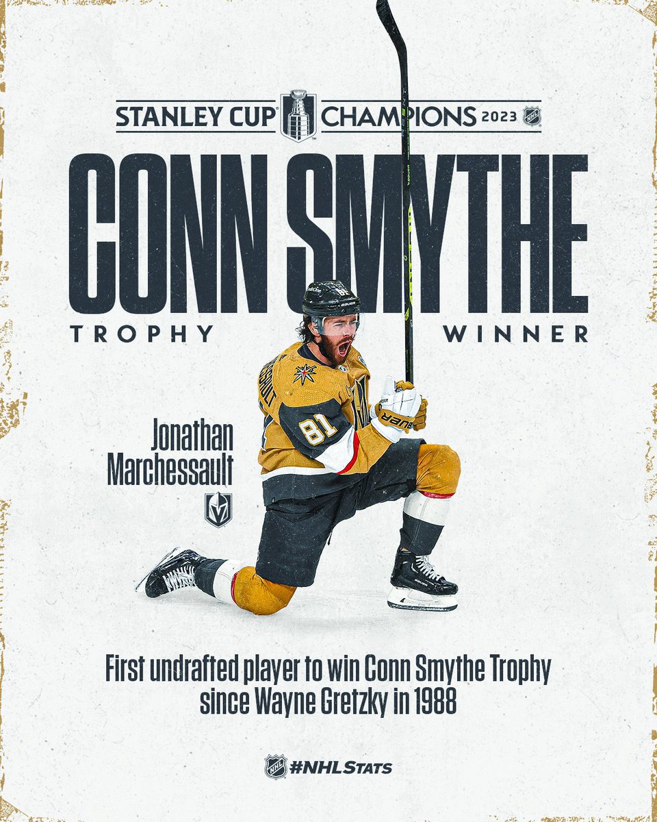 NHL Public Relations (@nhlpr) on Twitter photo Undrafted out of junior.
Expansion draft selection.
Conn Smythe Trophy winner.
What a journey for Jonathan Marchessault of the <a href="/GoldenKnights/">Vegas Golden Knights</a>, winner of the 2023 Conn Smythe Trophy. #NHLStats: media.nhl.com/public/news/17… #StanleyCup Undrafted out of junior.
Expansion draft selection.
Conn Smythe Trophy winner.
What a journey for Jonathan Marchessault of the <a href="/GoldenKnights/">Vegas Golden Knights</a>, winner of the 2023 Conn Smythe Trophy. #NHLStats: media.nhl.com/public/news/17… #StanleyCup