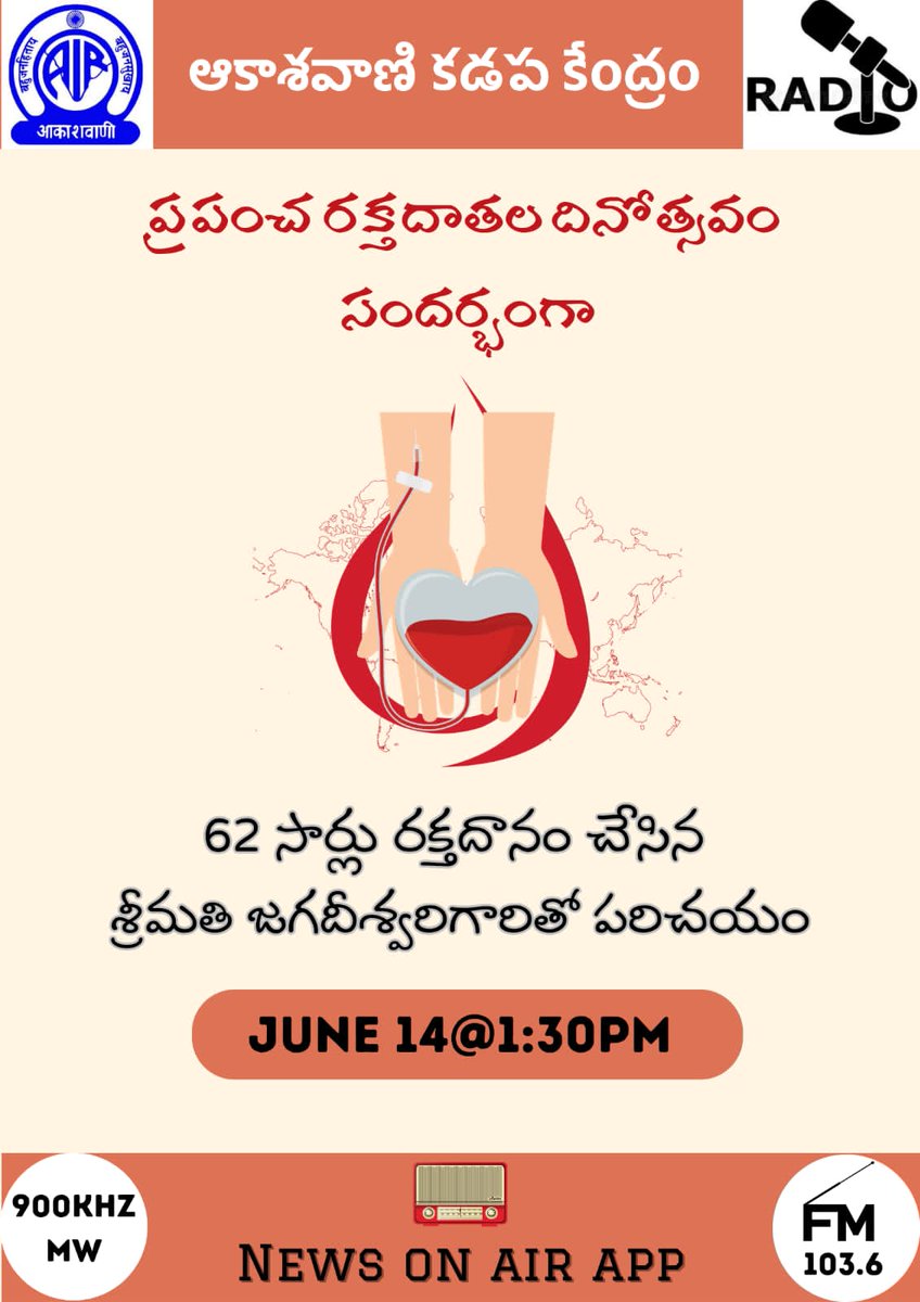 AirKadapa's tweet photo. జూన్ 14 న  ప్రపంచ రక్త దాన దినోత్సవాన్ని జరుపు కుంటారు.మన దేశంలో 37 శాతం మంది మాత్రమే రక్తదానం చేయడానికి అర్హులు అయితే వారిలో ప్రతి సంవత్సరం 10 శాతం కంటే తక్కువ మంది మాత్రమే రక్తదానం చేస్తున్నారు. రక్తదానం చేయడం అంటే ఓ మనిషికి జీవనదానం చేయడమే.@AirHyderabad @AirKadapa @AIRVijayaw https://t.co/yEBjPrP8h2