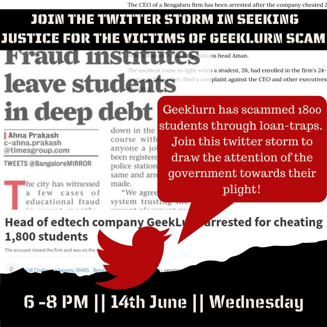 AISA_karnataka's tweet photo. Join the Twitter storm today in solidarity with students scammed by @GeekLurn. The government must intervene to waive the loans immediately! 
#GeeklurnScammedUs 
#RejectNEP https://t.co/ZMPAy4lnDj