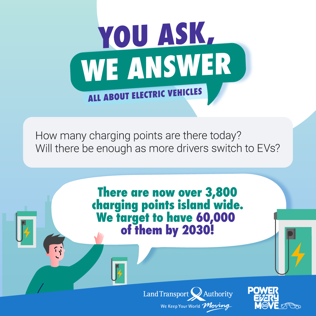 LTAsg's tweet photo. Will there be enough #EV chargers in Singapore? Are #ElectricVehicles safe to drive and charge? 🧐 These are among some of the commonly asked questions we’ve received about EVs.
Swipe for the answers to these questions below!
#PowerEVeryMove https://t.co/d5Vudc4kJM