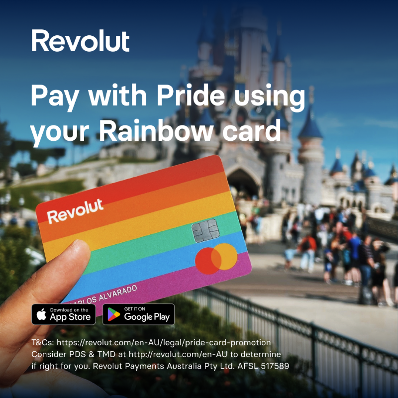 Revolut's tweet photo. Get your hands on a fabulous rainbow card! Just download the Revolut app and use it to donate A$10 to Minus18 🏳️‍🌈