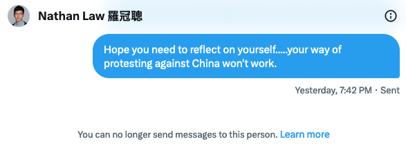 @nathanlawkc how come my direct message to you seem not work? :( 
Do you think you are a hypocrite to condemn Chinese mainlander for bullying Hongkongers yet you didn't condemn Hongkongers for bullying and beating upa chinese mainlander in HK during HK protests 2019?