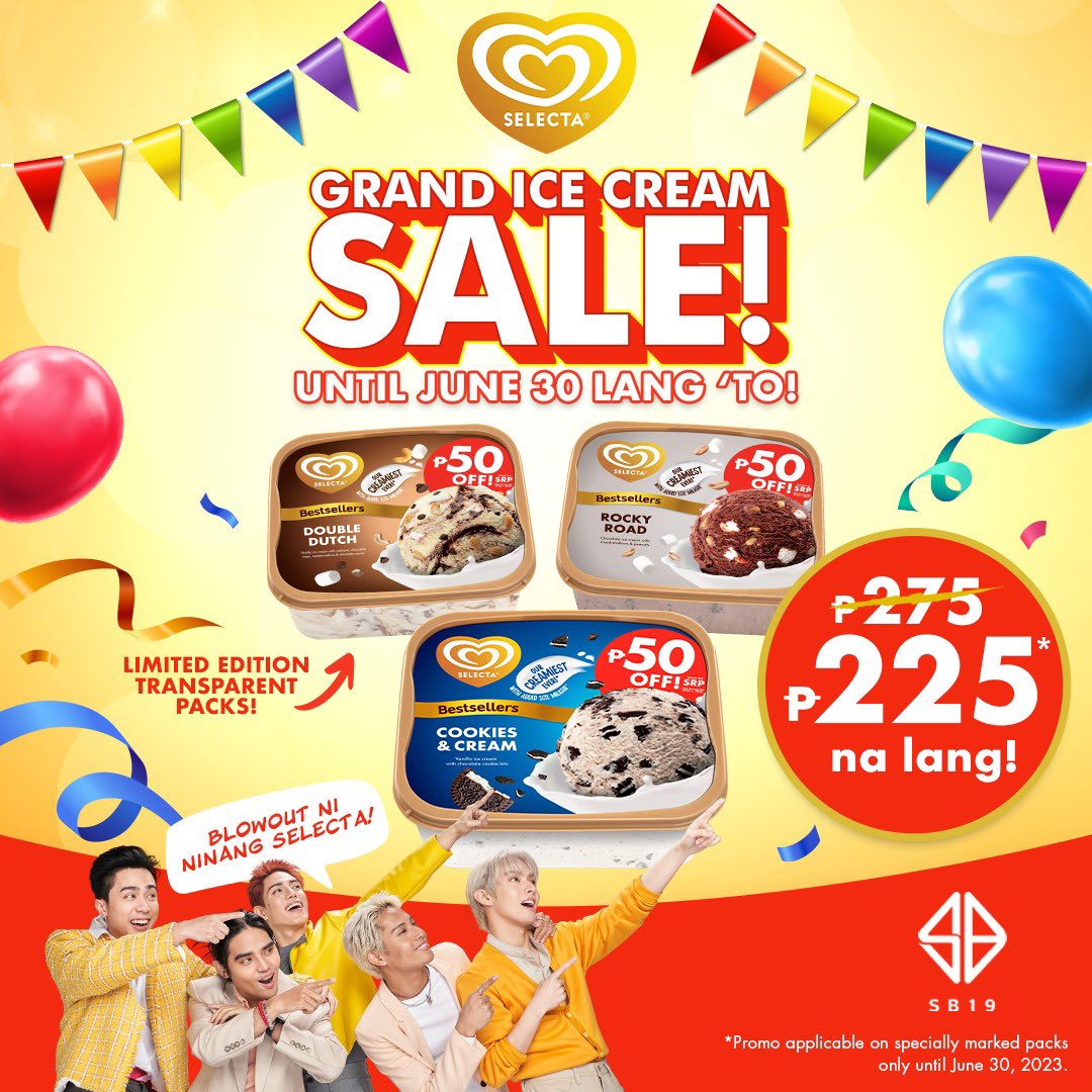 May pa-blowout si Ninang Selecta?! 😯😱 

Simula na ng GRAND ICE CREAM SALE - Get 50 PESOS OFF on Selecta Bestsellers starting today! 🎉🥳🎊

Just look for the specially-marked packs on our freezer. 😉