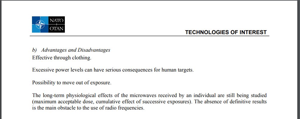 NATO document from 2004 on Microwave 'Non-Lethal' (or Can Be Lethal) Weapons 

Interesting that it states that various parameters can be adjusted :

apps.dtic.mil/sti/pdfs/ADA43…