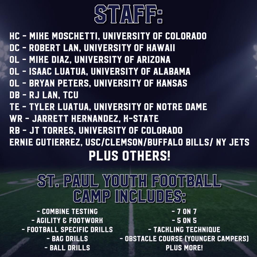 St. Paul Football Youth Camp. June 23/24. Our staff includes coaches who played at Notre Dame, Alabama, Colorado, Kansas, Hawaii, Arizona, and Kansas State. Also a former college/NFL coach. Scan the QR code to sign up. Team rates available.