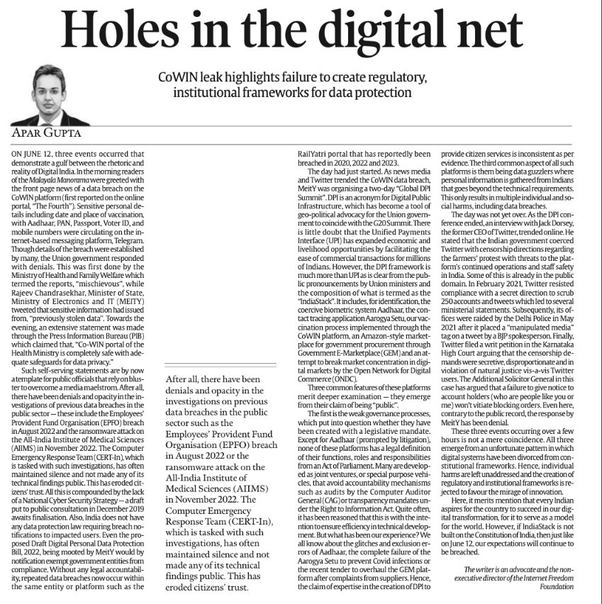 apar1984's tweet photo. 24 hours: A CoWIN breach, government conference evangelising Digital Public Infrastructure & reports of coercion on Twitter to censor. To all three the response is denial and bluster. It fits within a pattern how state accountability and constitutional rights seem like old fashioned values to be jettisoned in favour of, "innovation".