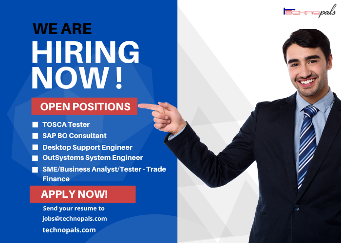 TechnoPals's tweet photo. We are hiring! Send your resume to jobs@technopals.com OR come visit us at https://t.co/y8lLNOf6ND for more information. Do share around with your network! #jobalert #jobhiring #jobpost #hiring #hiringalert #TOSCAtester #OutSystemsSystemEngineer #tradefinance #SAP #IT #technopals https://t.co/Ng1Bvrq7JI