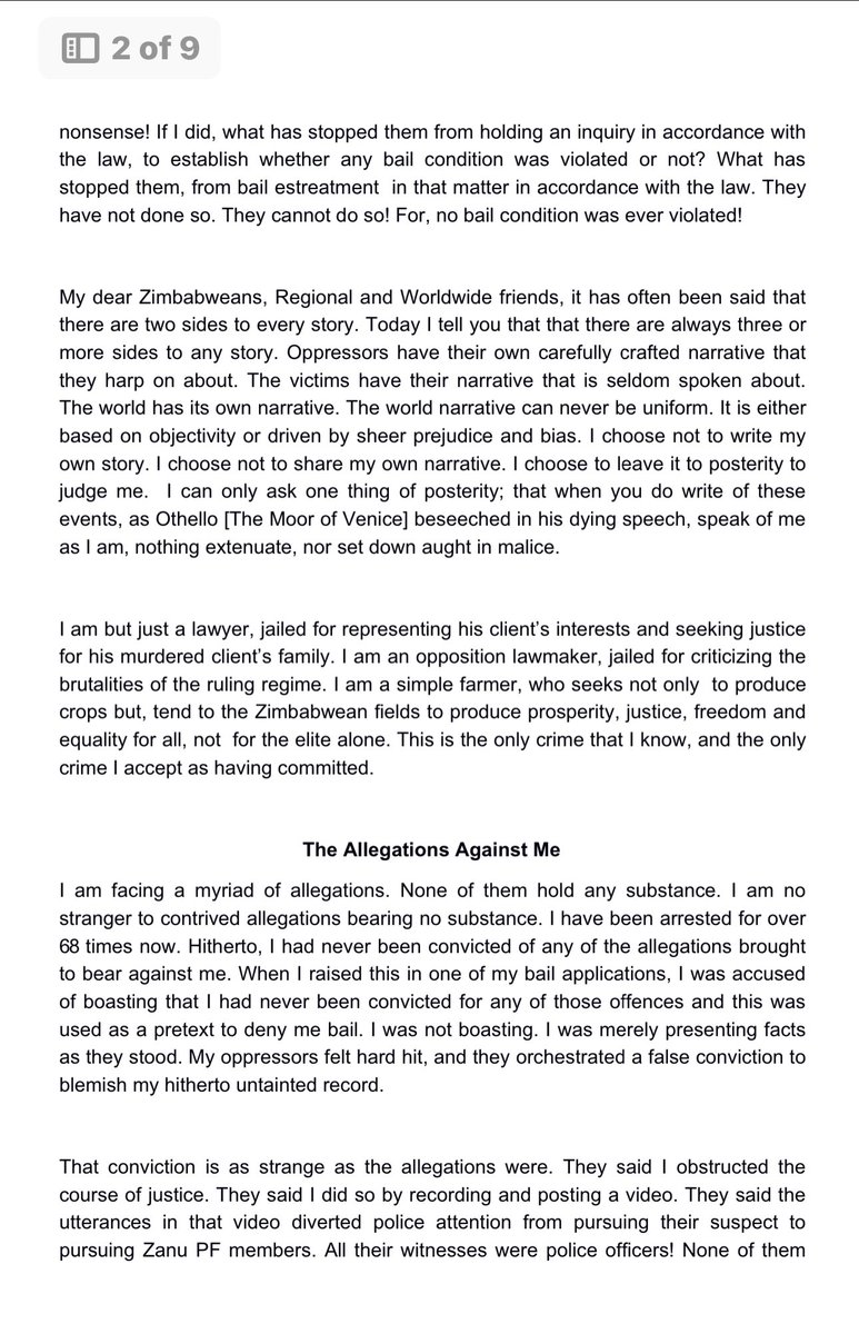 MakomboreroH's tweet photo. (1/5) It is #FreeJobSikhala’s 365th day in jail marking a full year of pretrial incarceration.

He wrote this powerful letter to Zimbabweans,regional and worldwide friends.

“My resolve remains unshaken.”

#FreeZinasu9
#FreeMRP9
#FreeJacobNgarivhume
#FreeAllPoliticalPrisoners https://t.co/YiTgfZmmz8