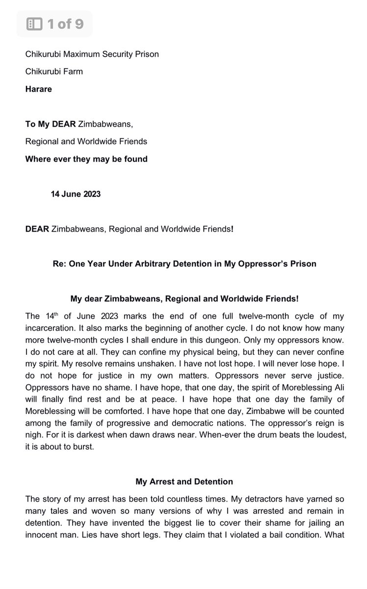 MakomboreroH's tweet photo. (1/5) It is #FreeJobSikhala’s 365th day in jail marking a full year of pretrial incarceration.

He wrote this powerful letter to Zimbabweans,regional and worldwide friends.

“My resolve remains unshaken.”

#FreeZinasu9
#FreeMRP9
#FreeJacobNgarivhume
#FreeAllPoliticalPrisoners https://t.co/YiTgfZmmz8