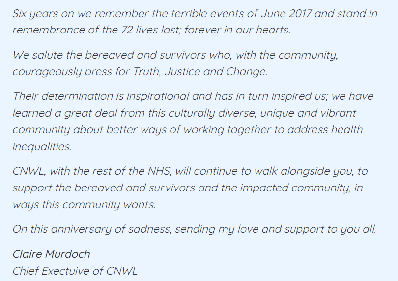 waddington_mike's tweet photo. #Grenfell - message from @ClaireCNWL
from all @cnwlnhs 
#ForeverInOurHearts 💚💚💚
@GrenfellUnited
@Grenfellnextkin 
@ketansheth3  @TomKibasi @GrenfellNHS @HealthierNWL @CLCHNHSTrust https://t.co/h3ndZVdue1