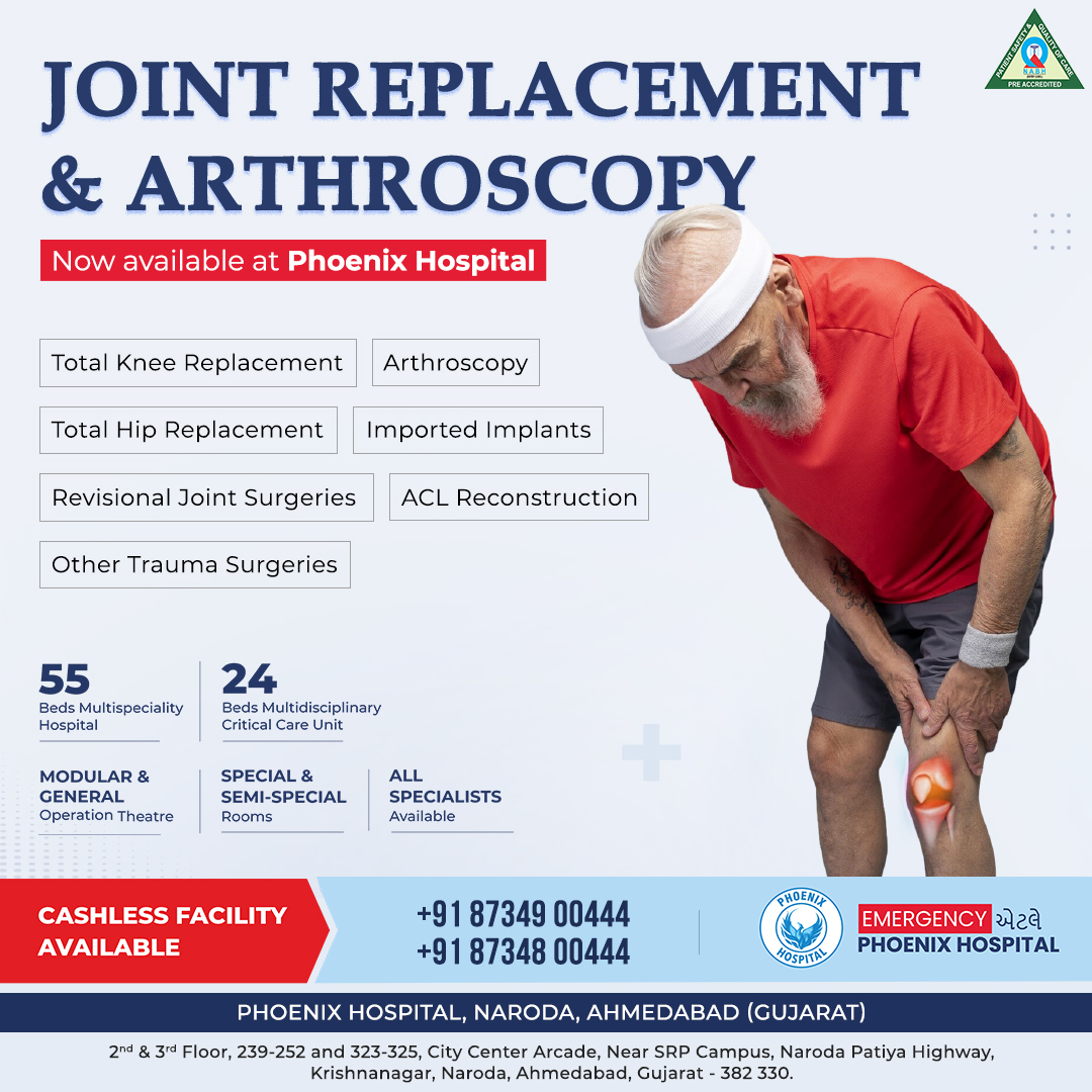 We're expanding our orthopedic services! Phoenix Hospital is now home to advanced joint replacement and arthroscopic surgery services.

#JointReplacement #Arthroscopy #KneeArthroscopy #PhoenixCriticalCareHospital #CriticalCareHospitalAhmedabad #CriticalHealthCare #Ahmedabad