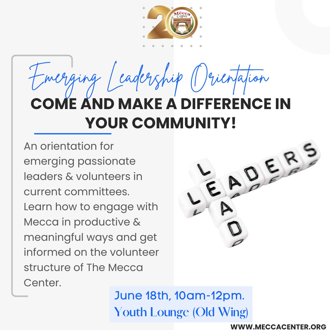 📣 Join us for an empowering Leadership Workshop at the Mecca Center! 🕌✨

🗓️ Sunday, June 18
⏰ 10am-12pm
📍 Mecca Center Youth Lounge (Old Wing)
#LeadershipWorkshop #CommunityEmpowerment #MosqueEvents #Volunteerism