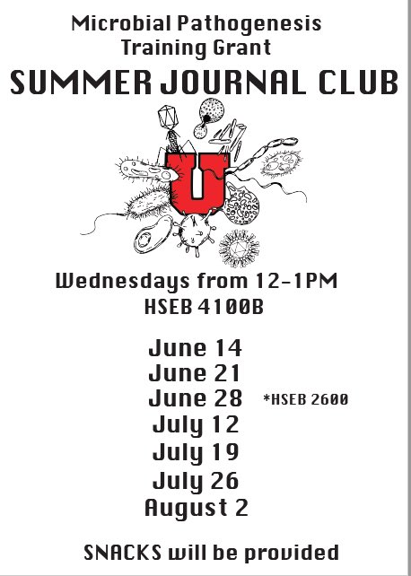 Mulvey Lab (@mulveylab) on Twitter photo First Microbial Pathogenesis Summer Journal Club this Weds at noon. Come for snacks, stay for the science.
<a href="/UofU3i/">UofU3i</a> <a href="/UofUMandI/">University of Utah Microbiology & Immunology</a> <a href="/UofUBiology/">University of Utah School of Biological Sciences</a> <a href="/UofUBiochem/">U of Utah Dept of Biochemistry</a>
#T32 @NIAIDTraining First Microbial Pathogenesis Summer Journal Club this Weds at noon. Come for snacks, stay for the science.
<a href="/UofU3i/">UofU3i</a> <a href="/UofUMandI/">University of Utah Microbiology & Immunology</a> <a href="/UofUBiology/">University of Utah School of Biological Sciences</a> <a href="/UofUBiochem/">U of Utah Dept of Biochemistry</a>
#T32 @NIAIDTraining