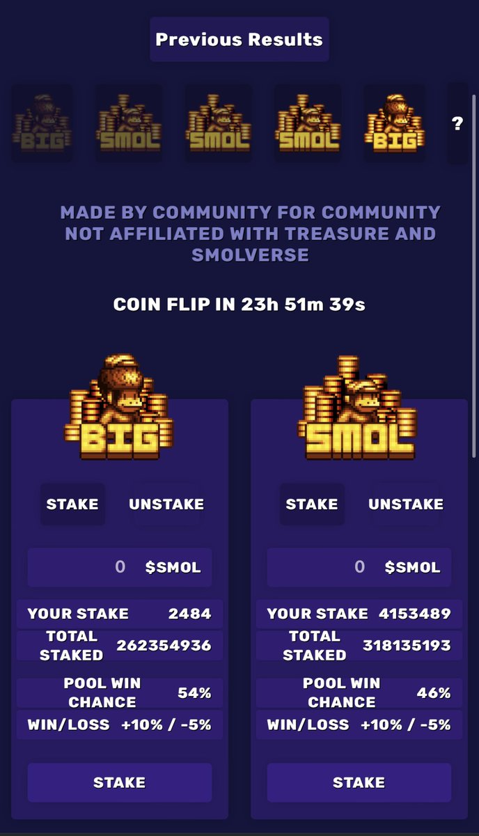 Flip #49
Big 61% chance to win
Smol 39% chance to win

💰Big wins! Finally taking one back from the Smols, is it too little too late? 

Congratulations to the winners!
Next Flip #50 chance now:
Big 54%
Smol 46%