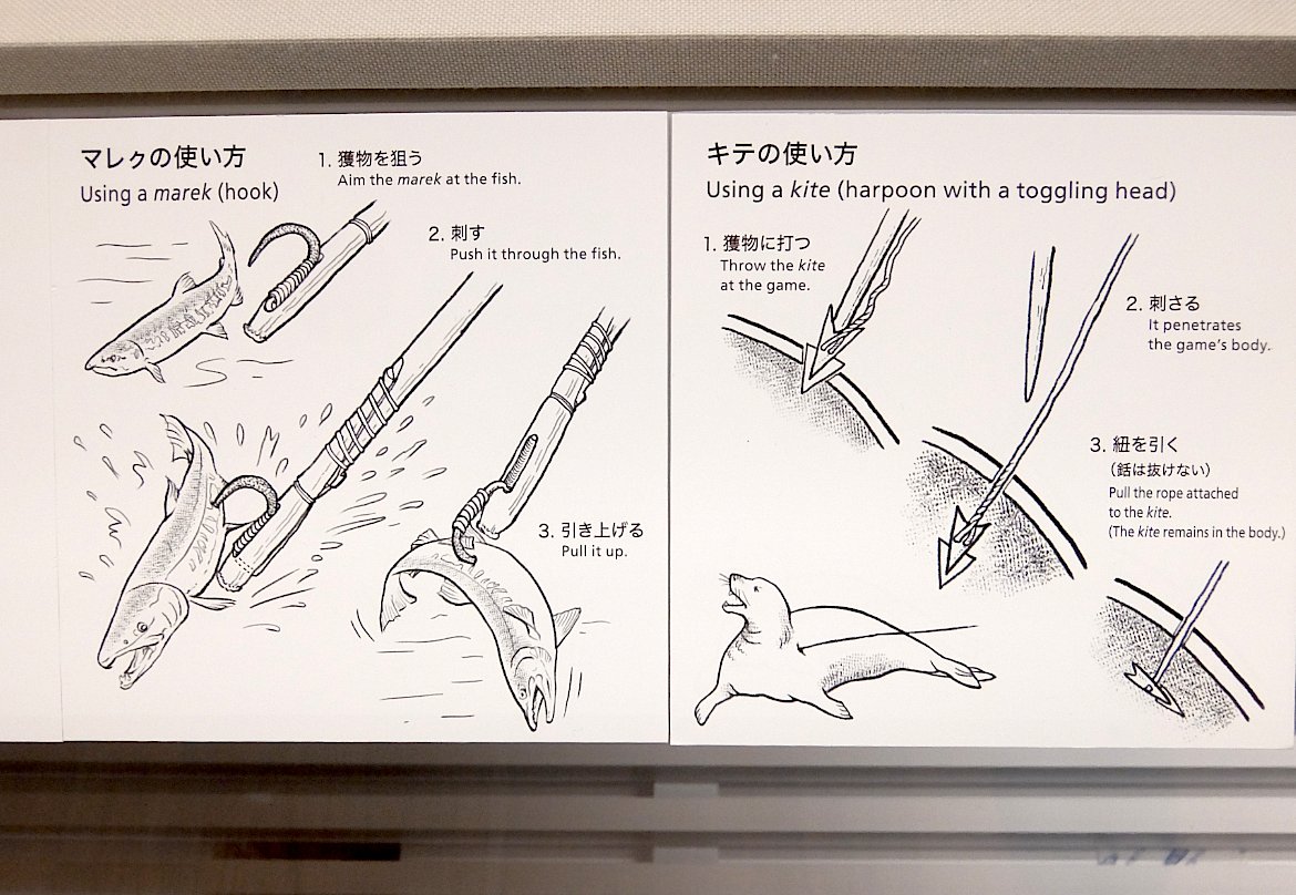 国立アイヌ民族博物館の館内には、アマッポ（仕掛け弓）やキテ（先端が