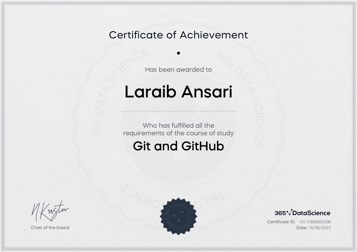 _Laraib_Ansari's tweet photo. T17: #100DaysOfCode
✅Git and GitHub.
🔖 This was a very basic introduction to Git and GitHub.
I will need a lot of self study before I master it.
🎓Here is my course certification.
#365datascience #happy #DataScience #selfimprovement #github https://t.co/6AC5dbKE0B