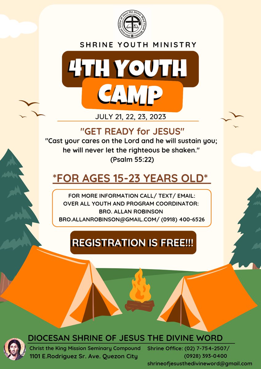 We are excited to invite you to the Shrine Youth Ministry's 4th Youth Camp, taking place on July 21, 22, and 23, 2023.

***

#YAC #SYM #YMAC #SVDyouth
#CTKMS #DSJDW #SVD
#SVDyouthCamp2023
#GetReadyForJesus
#SVDyouthCamp4
#ShrineYouth