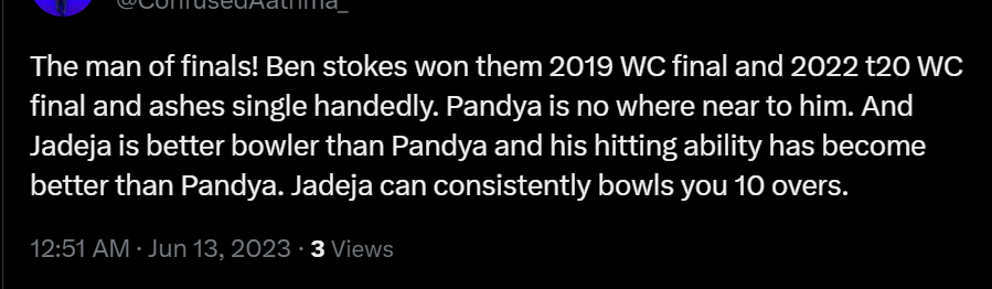 The man of Finals! Hardik Pandya highest scorer in 2017 CT Final and 2022 T20WC SF and always bashed Pakistan. Stokes is no where near to him. since 2018 Jadeja have 56 wickets and Pandya have 84 wickets in ODI+T20i. in T20i Total six hit by Jadeja 12 and Hardik 65
A small THREAD