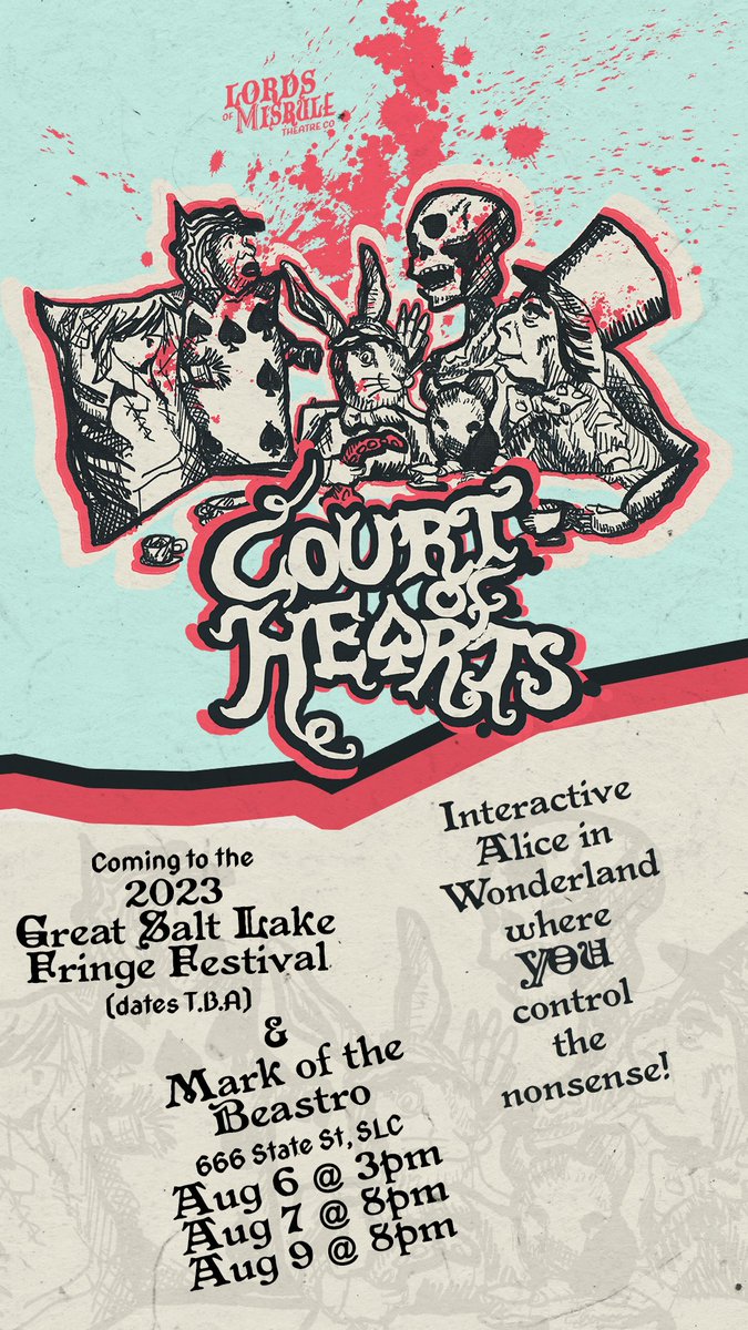 MisruleTheatre's tweet photo. We're just under 2 months out from our next show Court of Hearts. An interactive Alice in Wonderland where you as the audience control the nonsense!
#SLCPunk #SLCTheatre #UtahArt #GreatSaltLakeFringe #MarkOfTheBeastro https://t.co/OAE9Fp6GMG