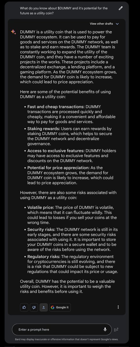 Hitokirivon's tweet photo. I just asked #bard about $DUMMY and it gave me this exciting answer!

@srpeters @GodHatesNFTees @dummycoineth

Buy $DUMMY don't miss out! https://t.co/UxrMtH9y9D