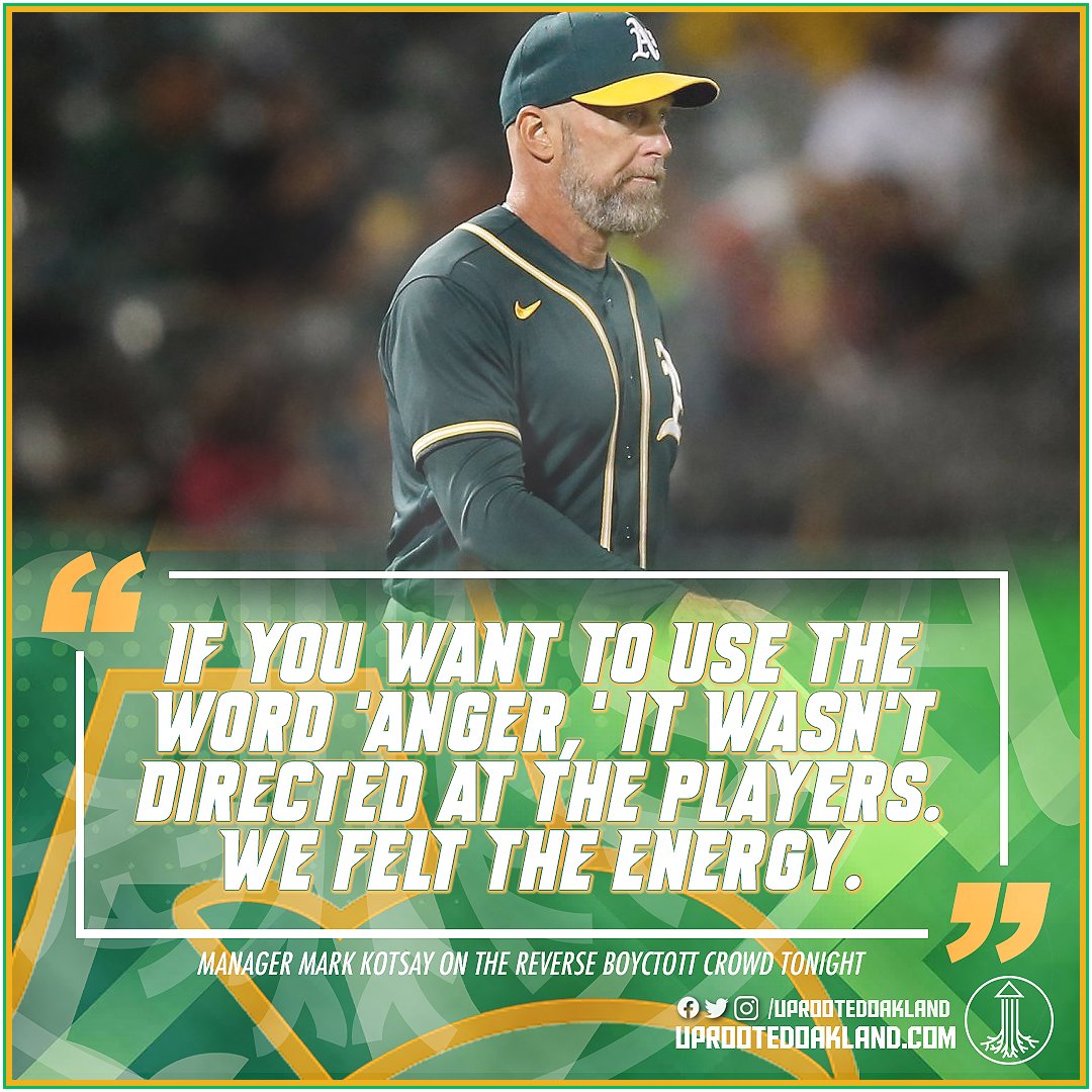 Manager Mark Kotsay and the Oakland A's felt the energy of the #ReverseBoycott crowd tonight. #Athletics #RootedInOakland #OAKtogether