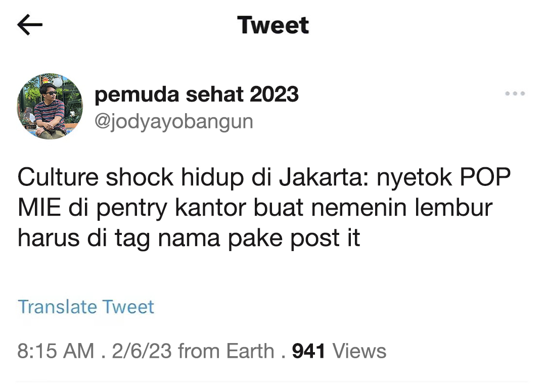 ngePopMie's tweet photo. Banyak banget sih ya culture shock di ibukota. Kalo culture shock di Jakarta versi lo apa, Sob? https://t.co/Au6dbh1vUb