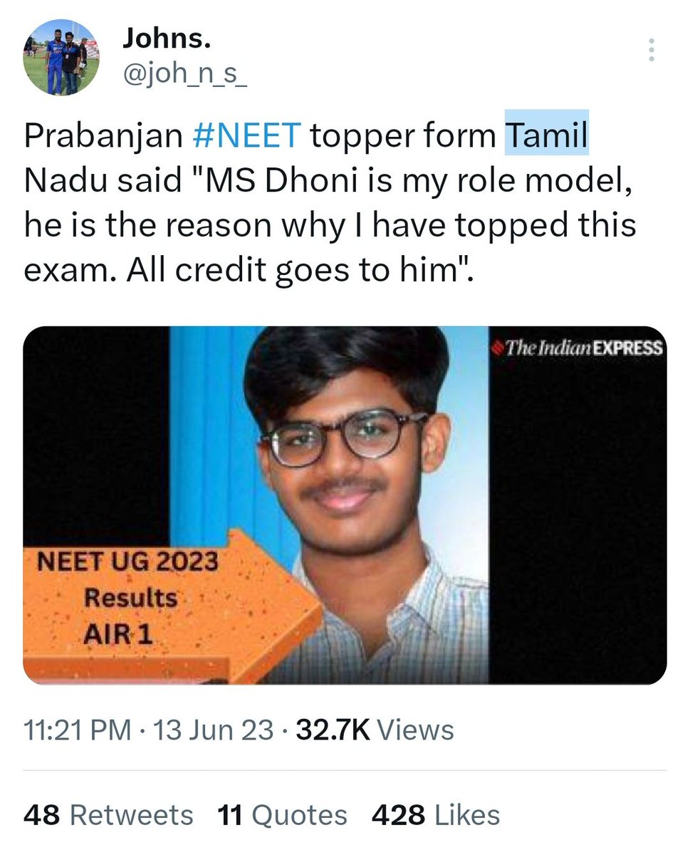 NiteshNaveenAus's tweet photo. Normal topper: I have been preparing for this exam for the past 2 years to crack this exam, all credits goes to my parents, teachers &amp; friends.

Neet topper from Tamil Nadu: "#MSDhoni is my role model, he is the reason why I have topped this exam, all credits to him" https://t.co/2glUcBh1YC