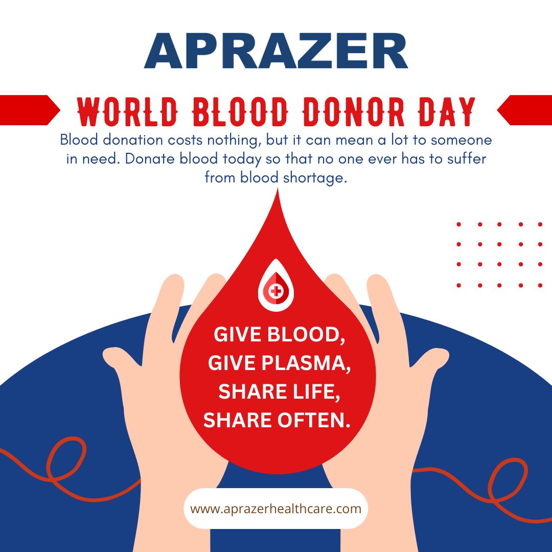 AprazerHealthc1's tweet photo. "Give blood, give plasma, share life, share often."

World Blood Donor Day - Blood donation costs nothing, but it can mean a lot to someone in need. Donate blood today so that no one ever has to suffer from blood shortage.

#worldblooddonorday #aprazercare #aprazer #health #care https://t.co/lpzSbZP3ui