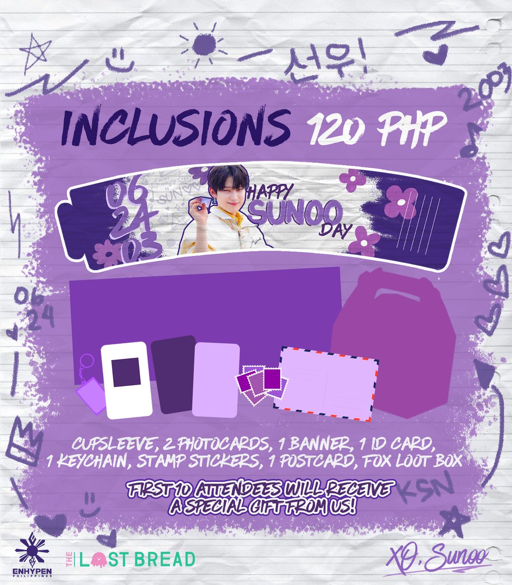 💌 A mail has arrived!

Dear ENGENE, we are inviting you to a celebration of a very special day! 🎉🎈🥳

 XO, Sunoo 💜
A Birthday Cupsleeve Event for Enhypen Sunoo

🗓️June 25, 2023 — 1-5PM 
📍The Lost Bread, SM Megamall 
💰₱120.00  

RSVP NOW! 
📮bit.ly/0624OfflineRSVP 

We…