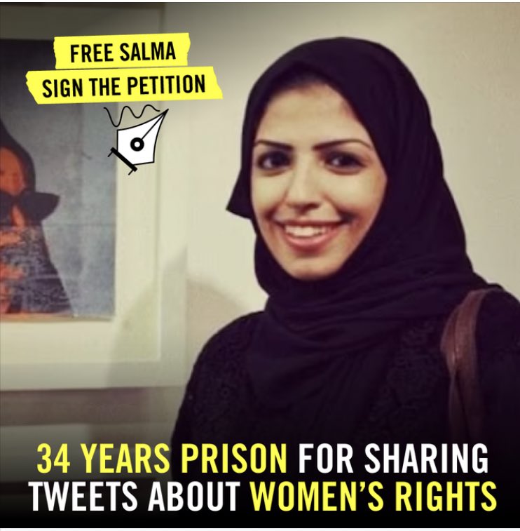 Majesty @KingSalman please release @I_Salma1988 NOW!  #StandWithSaudiHeroes #HumanRights @KSAMOFA @MojKsa @AdelAljubeir @MOISaudiArabia #FreeSalma #WomensRights
#women
#womenpower
#SaudiArabia
#freeSalmaAlShehab