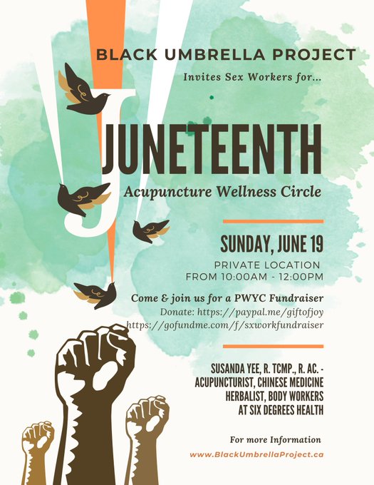 SEX WORKER ONLY: 
June 19th 2023, 10am #BlackUmbrellaProject is hosting a Acupuncture Wellness Circle