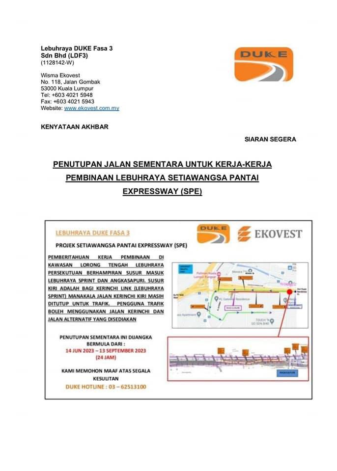 spehighway's tweet photo. Pemberitahuan kerja pembinaan di kawasan lorong tengah Lebuhraya Perseketuan berhampiran susur masuk lebuhraya Sprint dan Angkasapuri. 

Penutupan sementara di jangka bermula dari :
14 June 2023 - 13 September 2023 ( 24jam) https://t.co/zM22KAFqM4