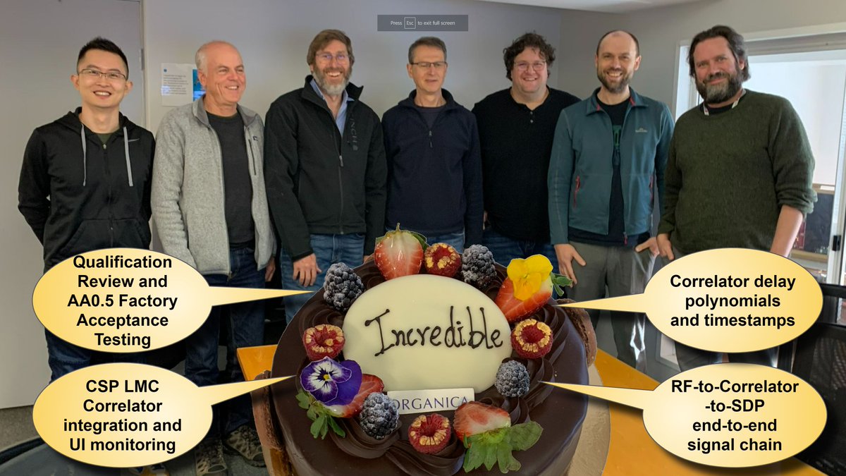 GrantHampson's tweet photo. And just like that @SKAO PI#19 starts with a chocolate mud cake! Many “incredible” things are planned; end-to-end signal chain, realtime delay polynomial updates, Factor Acceptance Testing, and control system integration. Its going to be an exciting and productive three months! https://t.co/B6uAPbBQGO