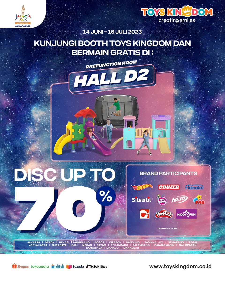 Toys Kingdom kembali hadir di Jakarta Fair Kemayoran 2023! @jakartafairid🎉Banyak kegiatan seru buat kamu dan si kecil. Si kecil bisa GRATIS bermain di area bermain Toys Kingdom sembari Smileys berbelanja berbagai mainan dengan diskon menarik hingga 70%?
Sampai ketemu ya Smileys!