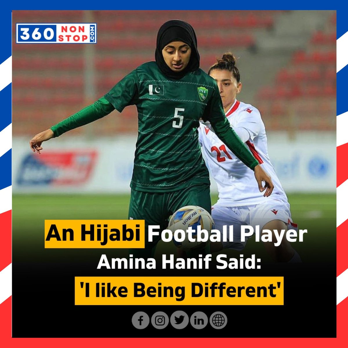 An Hijabi Football Player,Amina Hanif Said: 
'I Like Being  Different.'

#ProudlyDifferent #HijabiAthlete #BreakingBarriers #DiverseAthlete #EmbraceDiversity #UniqueIdentity #EmpoweredHijabi #InspiringAthlete  #360nonstop