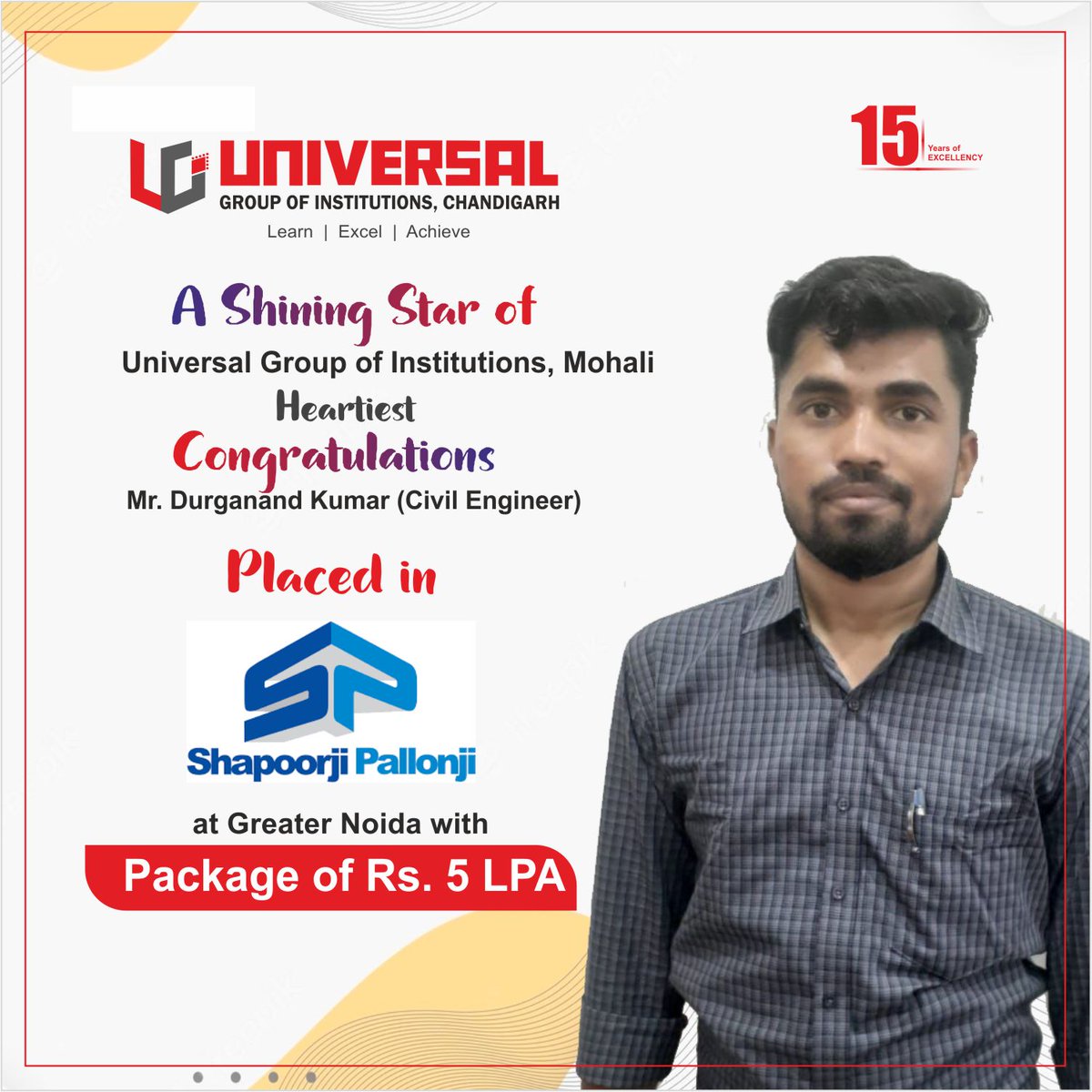 UGICollege's tweet image. #Congratulations to Mr. Durganand Kumar on his placement at Shapoorji Pallonji &amp;amp; Company Pvt Ltd.! It&apos;s fantastic news that he has secured a position in such a reputable organization. With a package of Rs. 5 LPA.

#placement #placement2023 #ugi #scholarshipprogram #college