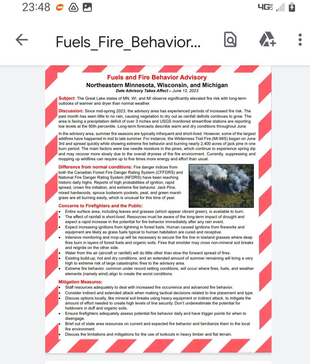 A Fuels and Fire Behavior Advisory for Northeastern Minnesota, Wisconsin and Michigan – effective June 12, 2023, has been released due to the significantly elevated fire risk with long-term outlooks of warmer and dyer than normal weather forecast. https://t.co/NSNN4dsAXm
