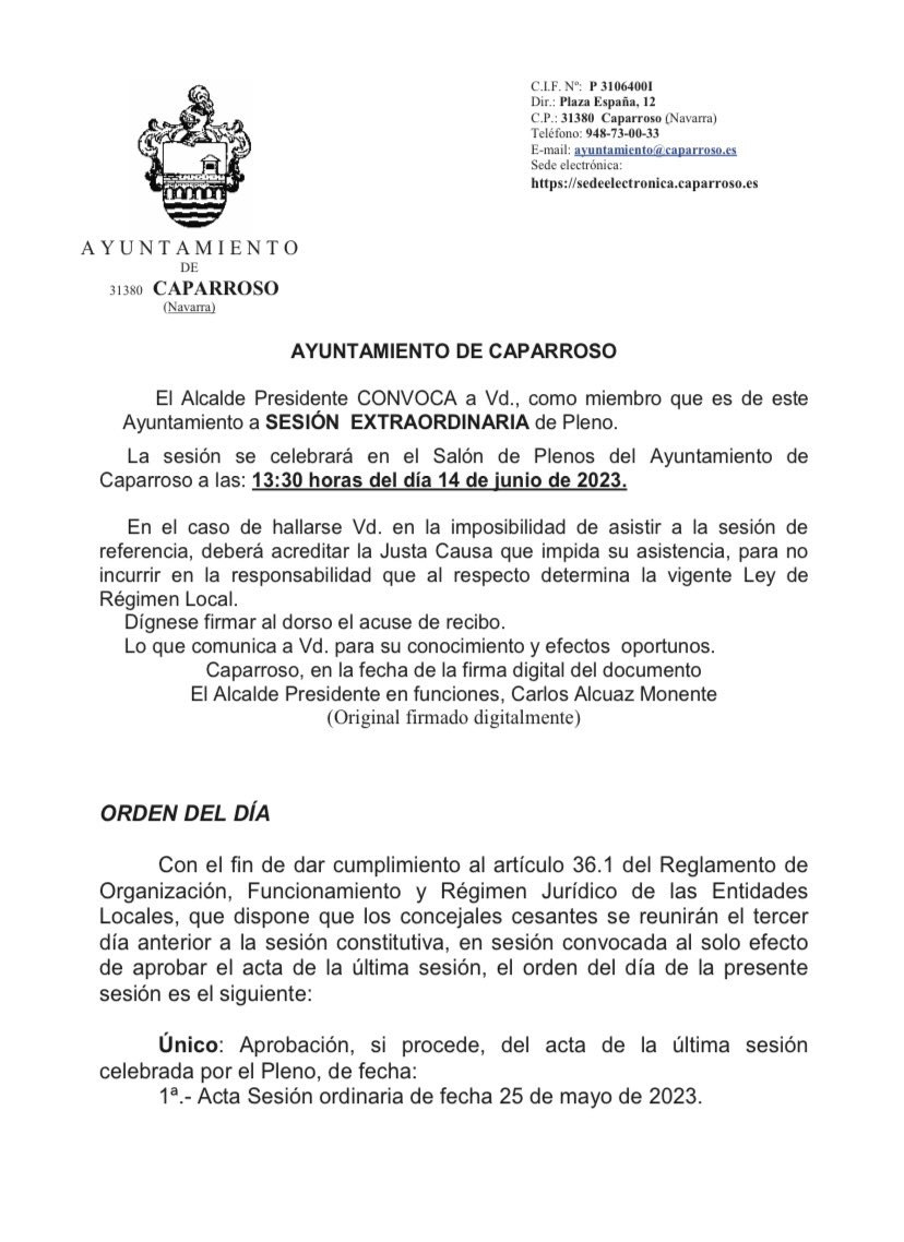 📌 Hoy, miércoles 14 de junio, a las 13,30h, SESIÓN EXTRAORDINARIA en el Salón de Plenos del Ayuntamiento de Caparroso con el siguiente orden del día: