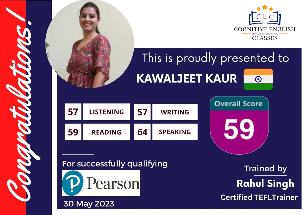 Kawaljeet received PTE Training from Cognitive English Classes in Faridabad and passed the test on May 30, 2023, with the desired mark. 

📷 Call us at 085278 34578

#ieltsvocabulary #canadastudyvisa #gre #ieltstest #studyoverseas #ptepreparation #ieltsclass #pteacademic