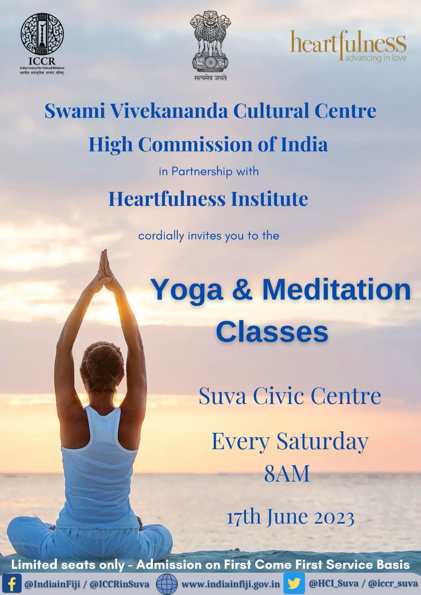iccr_suva's tweet photo. Join @iccr_Suva and @HCI_Suva in Partnership with Heartfulness Institute #Fijj cordially invites you to the Yoga and Meditation Classes at Suva Civic Centre at 8 AM on Saturday 17th June 2023.
#Yoga #IDY2023 https://t.co/Hpc8e1HBzc