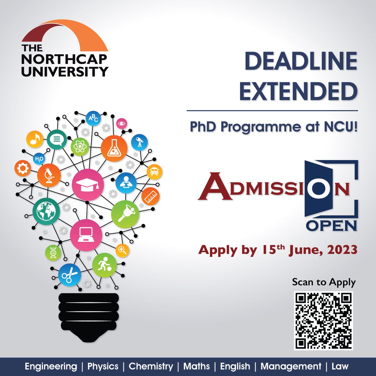NorthCap_Univ's tweet image. 👉 Deadline Extended till 15th June for PhD Programme! #NCU’s #PhDApplication deadline has been extended till 15th of June 2023.  Seats are limited, so don&apos;t wait - apply today: apply.ncuindia.edu/phd 

#PhD #Research #TheNorthCapUniversity