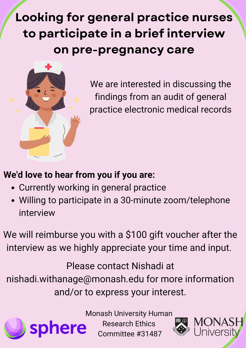 Calling for all general practice nurses!!! If you'd like to be interviewed on pre-pregnancy care please contact <a href="/NishadiWith/">Nishadi Withanage</a> via email for further details. <a href="/SPHERE_CRE/">SPHERE</a>