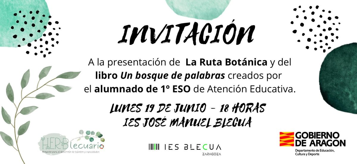 Nuestra cantera poética no tiene límites. El 19 de junio se presenta «Un bosque de palabras» del alumnado de 1.º ESO del IES José Manuel Blecua de Zaragoza. Felicidades. Compartimos la invitación a su lírico bosque <a href="/InnovaEducAr/">InnovaEducAr</a> <a href="/C_Comunicativa/">COMPETENCIA COMUNICATIVA</a> <a href="/MadeinBleCua/">MadeinBleCua</a> <a href="/ble_cua/">BiblioBleCua</a>