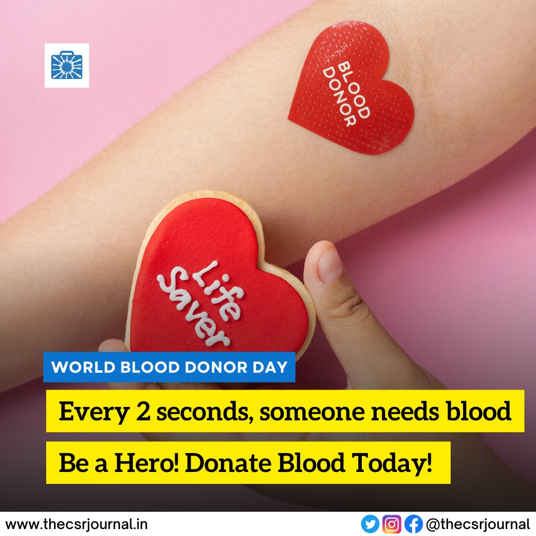 thecsrjournal's tweet photo. 🩸❤️ Be a Hero! Donate Blood Today! 🌍🤝

Need reasons for donating blood❓

🩸 Every 2 seconds, someone in the world needs blood.
🩸 By donating blood, you can save up to three lives.
🩸 Blood cannot be manufactured. It can only come from generous donors like you.
🩸 Donating blood is a simple act of kindness that can have a profound impact.
🩸 Your blood donation can make a difference in someone's battle against illness or injury.
🩸 Join the global movement and celebrate World Blood Donor Day by giving the gift of life.
🩸 Together, we can build a healthier and stronger community.
🩸 Show your support for blood donation and help raise awareness about its importance.
🩸 Spread the love and encourage others to become blood donors.
🩸 Be a hero today and donate blood – your contribution matters.

Remember, a single act of blood donation can make a remarkable difference in someone's life. Let's unite, spread the word, and inspire others to join this life-saving cause. ❤️🌍🤝🩸

#WorldBloodDonorDay #DonateBloodSaveLives #BeAHero #GiveBloodGiveLife #DonateBlood #TogetherWeCan #SpreadTheLove #CommunityService #BloodDonationMatters #ShareTheGiftOfLife #BloodDonorDay #redcross #blood #bloodday #worldblooddonorday2023 #blooddonorssavelives #blooddonation #blooddonor #blooddonorday2023 #BloodDonorsDay