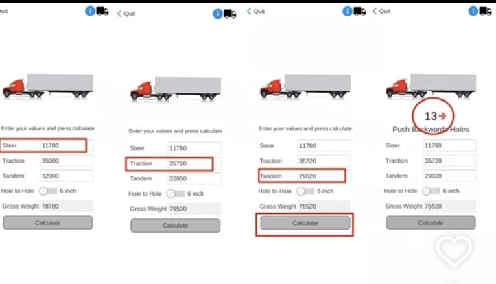 SlideAxels's tweet photo. Guys download #SlideAxels and enter the data from the scale ticket in this sequence:
1. Enter Steer
2. Enter Traction and Tandem. 
3. Then Slide Axels will calculate the number of holes to move the TRL (forward or backward).
👉🏻You don’t need to re-weigh.👈🏻💯
#truckschooldrivers https://t.co/Gz9ZEzG4Sb