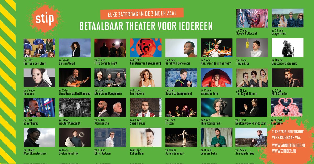 Voila. Ons STIP-programma. Omdat theater voor iedereen bereikbaar moet zijn. Ook voor iedereen met een (zeer) kleine beurs. Apetrots op dit initiatief van de samenwerkende podia in Rivierenland, met steun van betrokken gemeenten en provincie Gelderland.
agnietenhof.nl/programma/genr…